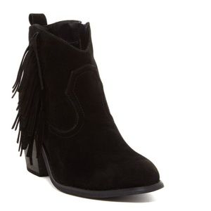 Pink pop black suede fringe booties